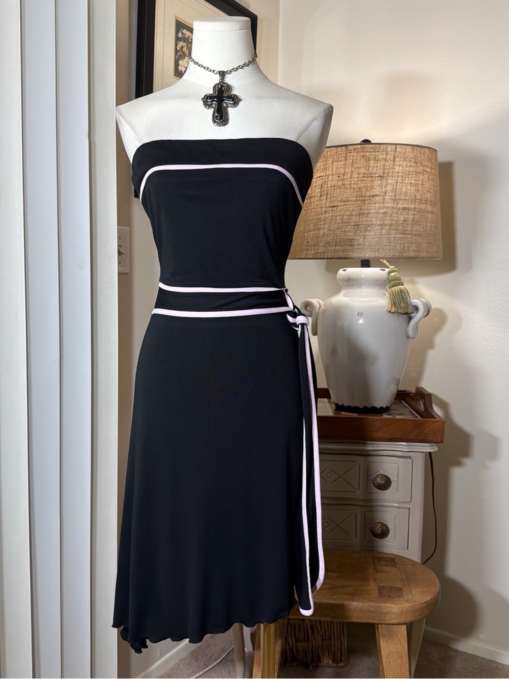 Y2K Mandee Black Strapless Coquette Midi Dress with Pink Trim